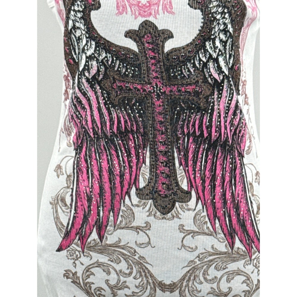 Vocal Womens Ribbed Tank Top White Pink Angel Wings Cross Rhinestone Y2K Large - Picture 2 of 8